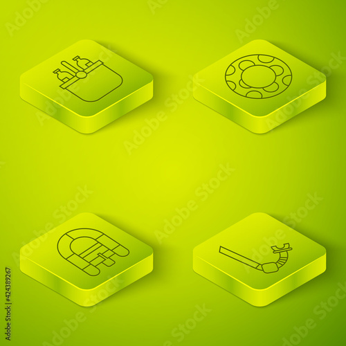 Set Isometric Rubber swimming ring, Rafting boat, Snorkel and Cooler bag and water icon. Vector