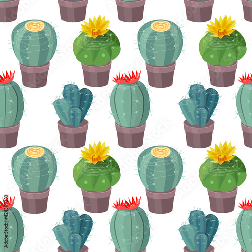 Seamless pattern with different sorts of succulents. Assorted cactuses in endless texture.