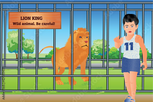 A lion in the cage at zoo. A warning inscription: Wild  animal, be careful! A boy pointing with a finger. Vector realistic style.