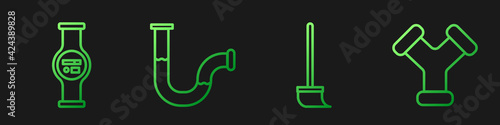 Set line Mop, Water meter, Industry metallic pipe and Industry metallic pipe. Gradient color icons. Vector