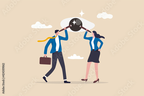 Sharing same business vision, teamwork strategy to achieve goal together, work collaboration to win same mission concept, business people team members using telescope to look into same visionary.