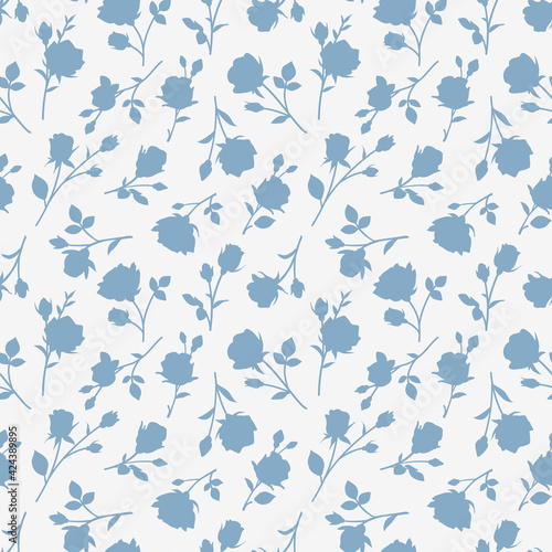 Seamless pattern with abstract garden rose  stem  bud and leaf silhouette. Gray background with blossoming flower. Vintage floral hand drawn wallpaper. Vector stock illustration.