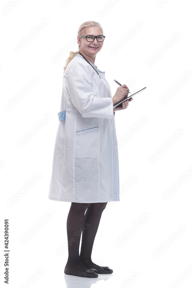 side view. smiling doctor with the clipboard side view. smiling doctor with the clipboard