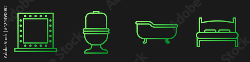 Set line Bathtub, Makeup mirror with lights, Toilet bowl and Big bed. Gradient color icons. Vector