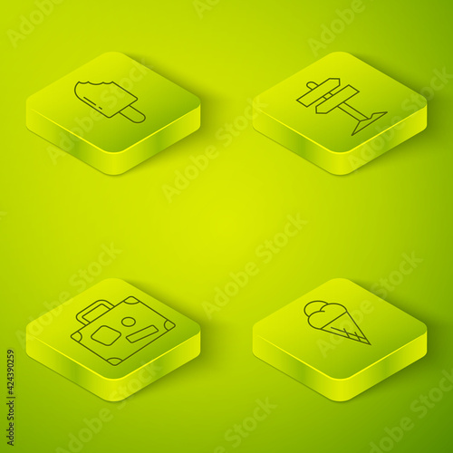 Set Isometric Road traffic signpost, Suitcase, Ice cream in waffle cone and Ice cream icon. Vector