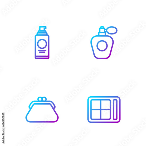 Set line Eye shadow palette, Clutch bag, Spray can for hairspray and Perfume. Gradient color icons. Vector