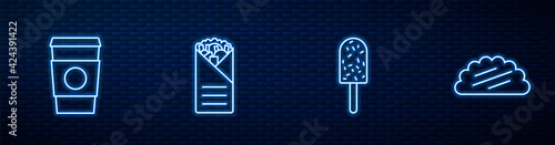 Set line Ice cream, Coffee cup to go, Doner kebab and Taco with tortilla. Glowing neon icon on brick wall. Vector