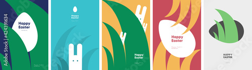 Happy Easter. Patterns. Modern geometric abstract style. A set of vector Easter illustrations. Easter eggs, rabbit. Perfect for a poster, cover, or postcard.