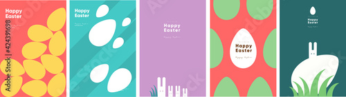 Happy Easter. Patterns. Modern geometric abstract style. A set of vector Easter illustrations. Easter eggs, rabbit. Perfect for a poster, cover, or postcard.