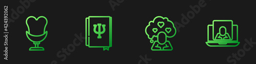 Set line Broken heart or divorce, Armchair, Psychology book, Psi and Psychologist online. Gradient color icons. Vector