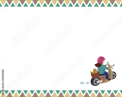 猫をのせてスクターを運転する女性を斜め後ろから描いたベクターイラストのフレーム
