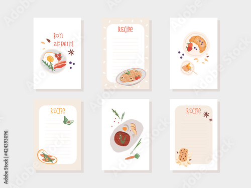 Hand drawn cards for recipes with cooking items, food, meal, dish, vegetables. Vector flat cartoon cooking illustrations cards template collection