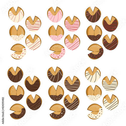 A set of decorated Chinese fortune cookies. Vector illustration.