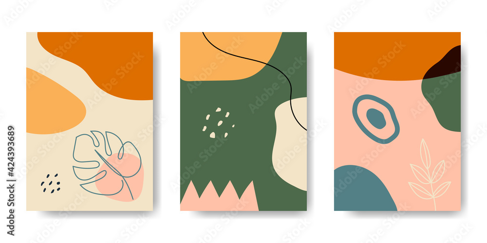 A collection of three abstract backgrounds. Hand drawing various shapes and doodle objects. Trendy modern contemporary vector illustration. Every background is isolated. Pastel color