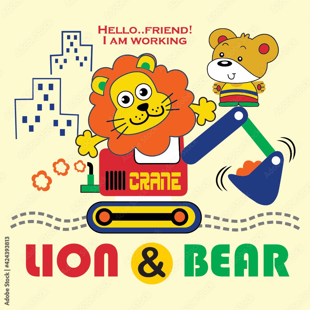 Fototapeta premium lions bears riding heavy equipment cartoon 