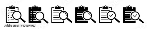 Set of checklists with checkmarks and magnifier. Different inspection icons. Checklist icons. Vector illustration.