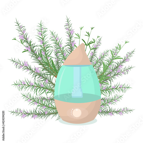 vector illustration of a humidifier diffuser with rosemary sprigs on the background. The concept of aromatherapy and healthy lifestyle