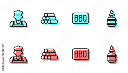 Set line Barbecue, Cook, Wooden logs and Camping gas stove icon. Vector