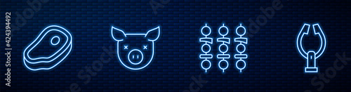 Set line Grilled shish kebab, Steak meat, Pig and Meat tongs. Glowing neon icon on brick wall. Vector