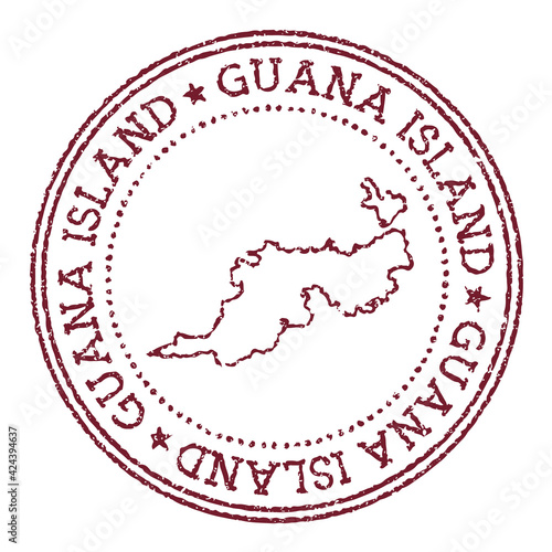 Guana Island round rubber stamp with island map. Vintage red passport stamp with circular text and stars, vector illustration.