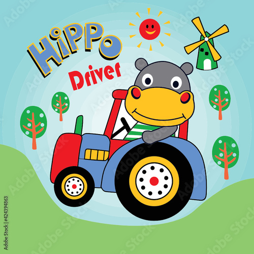 hippo driver car vector cartoon illustration