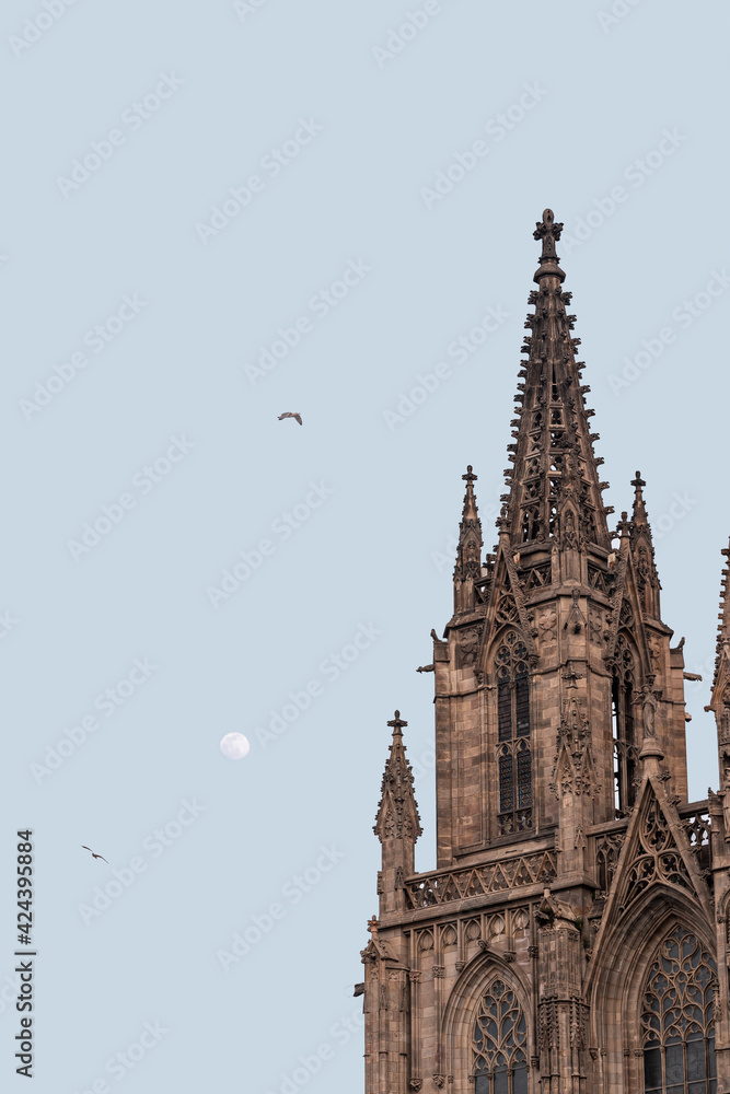 Detalle Catedral de Barcelona con pájaros volando y luna Detalle Catedral de Barcelona con pájaros volando y luna