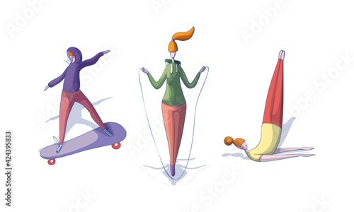 Woman Skateboarding, Jumping Rope and Doing Candlestick Vector Set