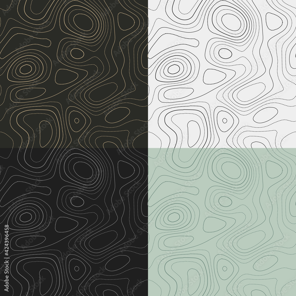 Topography patterns. Seamless elevation map tiles. Captivating isoline background. Classy tileable patterns. Vector illustration.