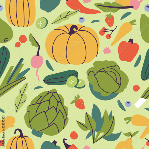 Vector illustartion set of fruit and vegetables. Seamless pattern. Vegetarian healthy food.