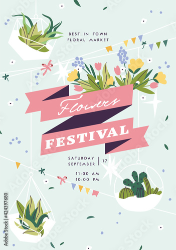 Flower show announcing poster template. Text customized for invitation to event. Garden party layout with fancy flowers in folk painting style. Vector illustration.