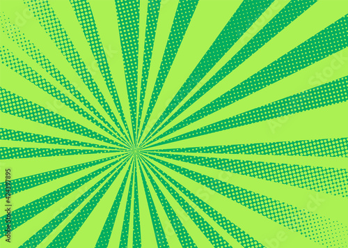 Pop art background. Comic halftone pattern. Green cartoon banner with dots and rays. Vintage duotone texture. Vector illustration. Superhero starburst banner. Gradient wow design.