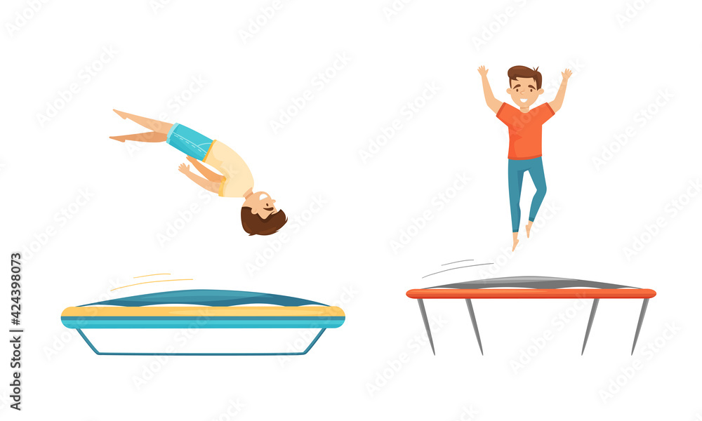 Excited Boys Jumping on Trampoline Bouncing and Having Fun Vector Set Excited Boys Jumping on Trampoline Bouncing and Having Fun Vector Set