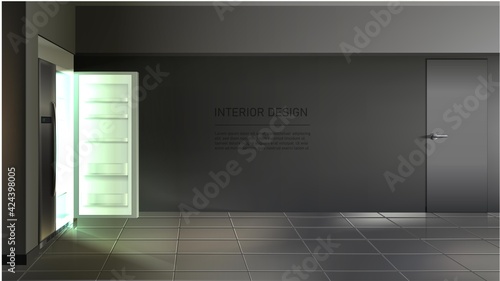 3d realistic vector open empty fridge side ways with shelves in the room.