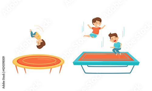 Excited Children Jumping on Trampoline Bouncing and Having Fun Vector Set