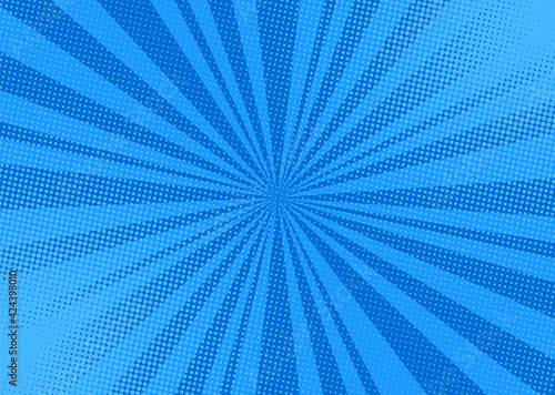 Pop art background. Comic cartoon texture with halftone and sunburst. Blue starburst pattern. Retro effect with dots. Vintage sunshine banner. Vector illustration. Superhero wow banner.