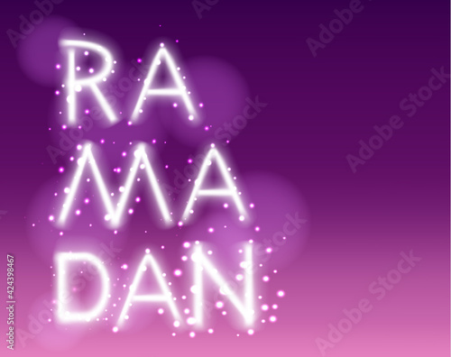 Text with neon effect on night sky background. Poster for muslim religion holiday Ramadan Kareem.
