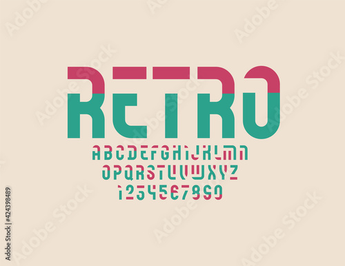 Retro original font, old stencil alphabet, trendy geometric modular letters and numbers, vector illustration 10EPS