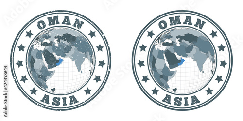 Oman round logos. Circular badges of country with map of Oman in world context. Plain and textured country stamps. Vector illustration.