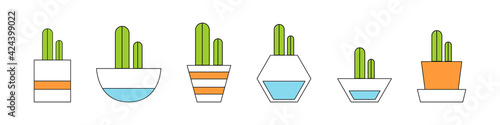 Flower pots icons. Set of colorful pots with flowers isolated on white background. Vector illustration