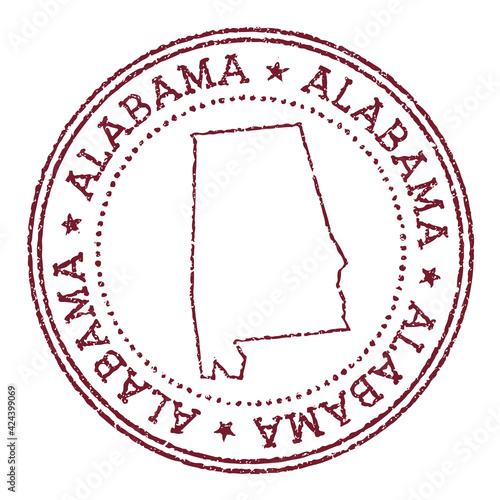 Alabama round rubber stamp with US state map. Vintage red passport stamp with circular text and stars, vector illustration.