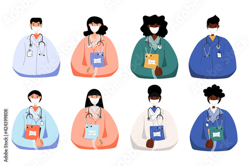 Cute cartoon collection of doctors and nurses wearing protect face mask, nurse clinic employee isolated on white background. Medical staff set with stethoscope in uniform. Vector stock illustration in
