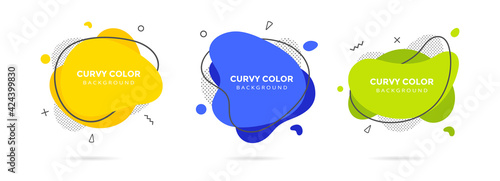 3 Modern liquid irregular amoeba blob shape abstract elements graphic flat style design fluid vector illustration set banner simple shape template for presentation, flyer, isolated on white background