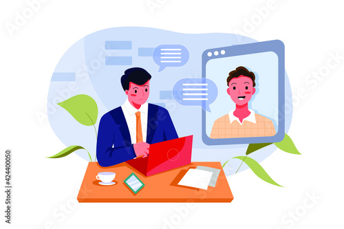 Online job interview. HR management making video call for contacting candidate by conference, talking on webcam.