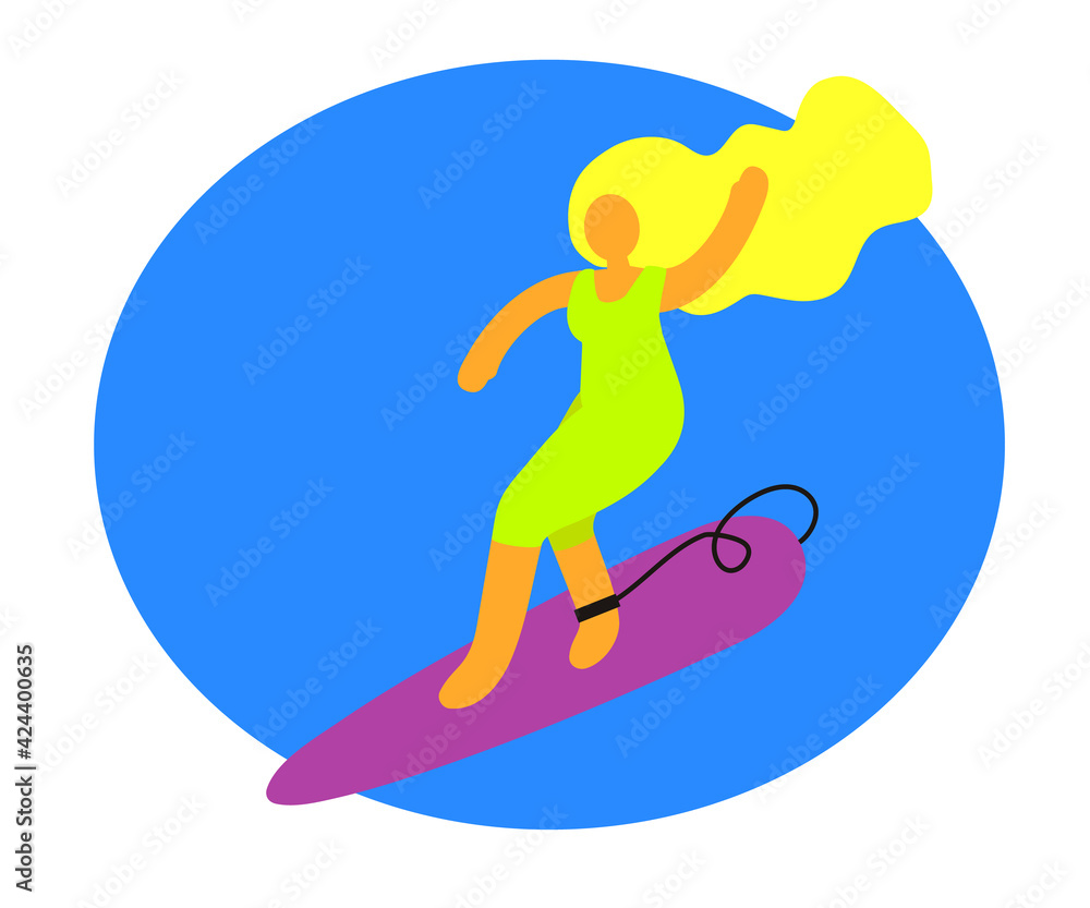 The blonde woman is surfing. Cartoon. Vector illustration.