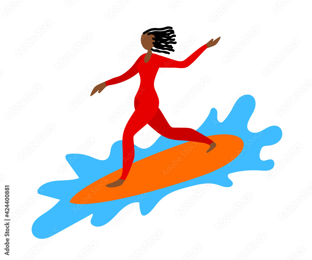 African American woman surfing. Cartoon. Vector illustration.