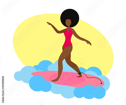 African American woman surfing. Cartoon. Vector illustration.