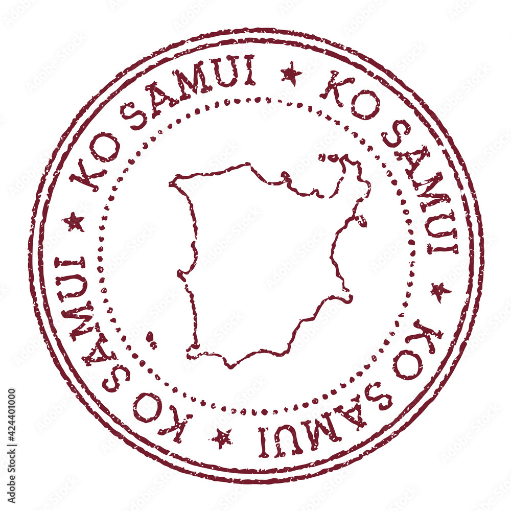 Ko Samui round rubber stamp with island map. Vintage red passport stamp with circular text and stars, vector illustration. Ko Samui round rubber stamp with island map. Vintage red passport stamp with circular text and stars, vector illustration.