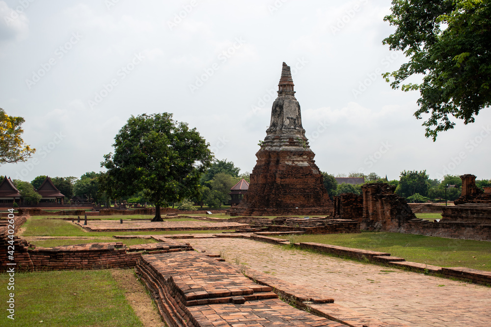 Travel in Thailand. Chaiwatthanaram is a buddhist temple of Ayutthaya Histrorical park. Old red brick Ayutthaya temple ruins.