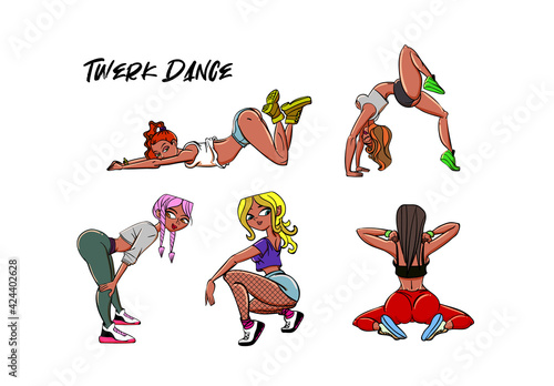 Twerk poster design. Cartoon style girl. Poster for booty dance course or battle. Vector illustration.