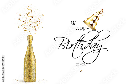 Happy birthday greeting card with champagne on white background.